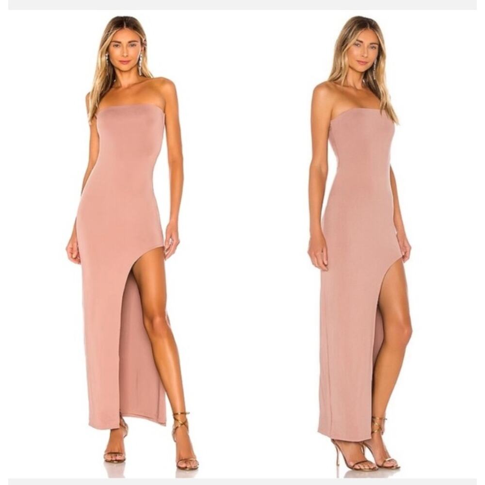 Superdown Strapless High Slit Maxi Dress Size Medium Tan Minimalist Glam NWT